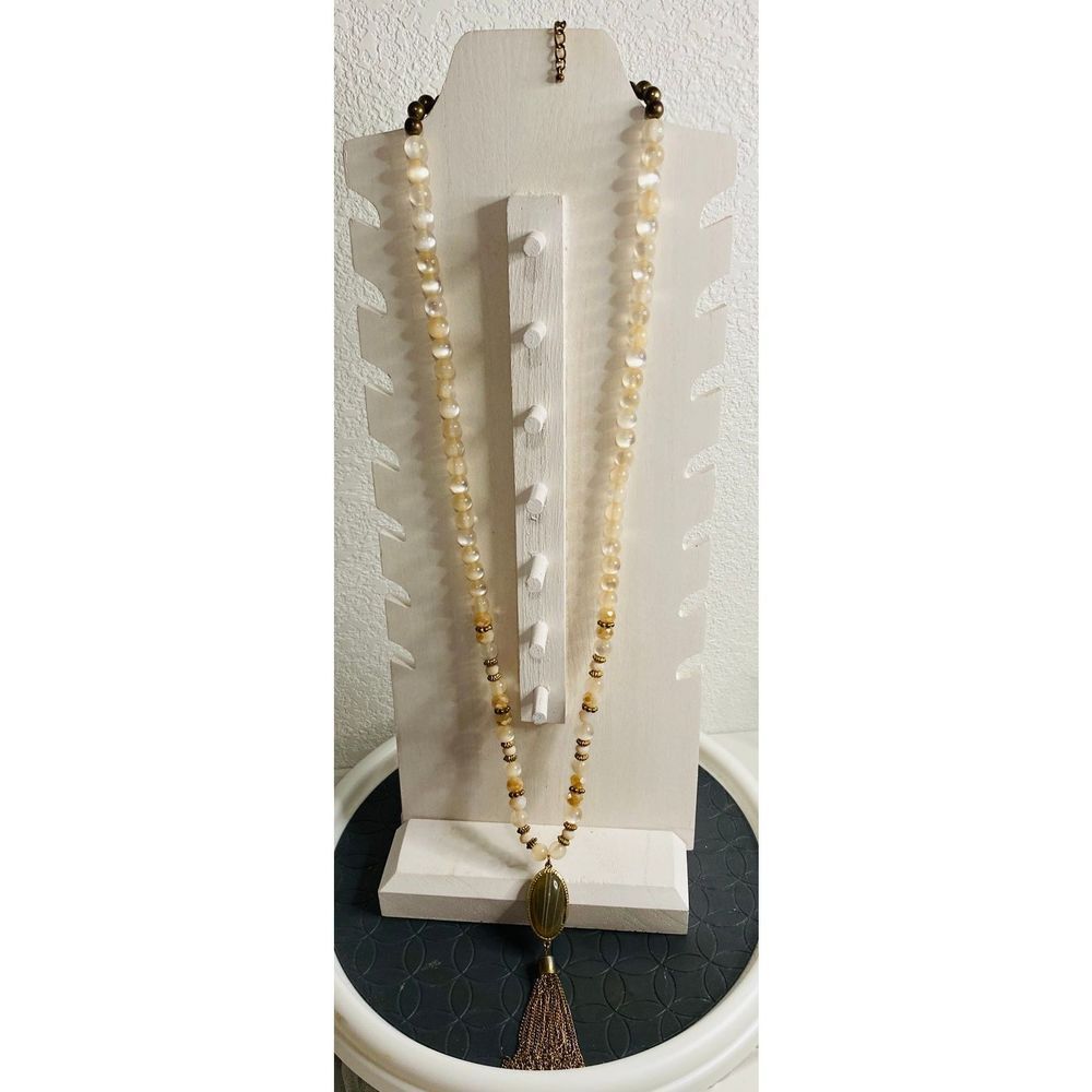 Beautiful Gold tone Artisan Beaded Necklace With Large Pendant and Gold toned Ch
